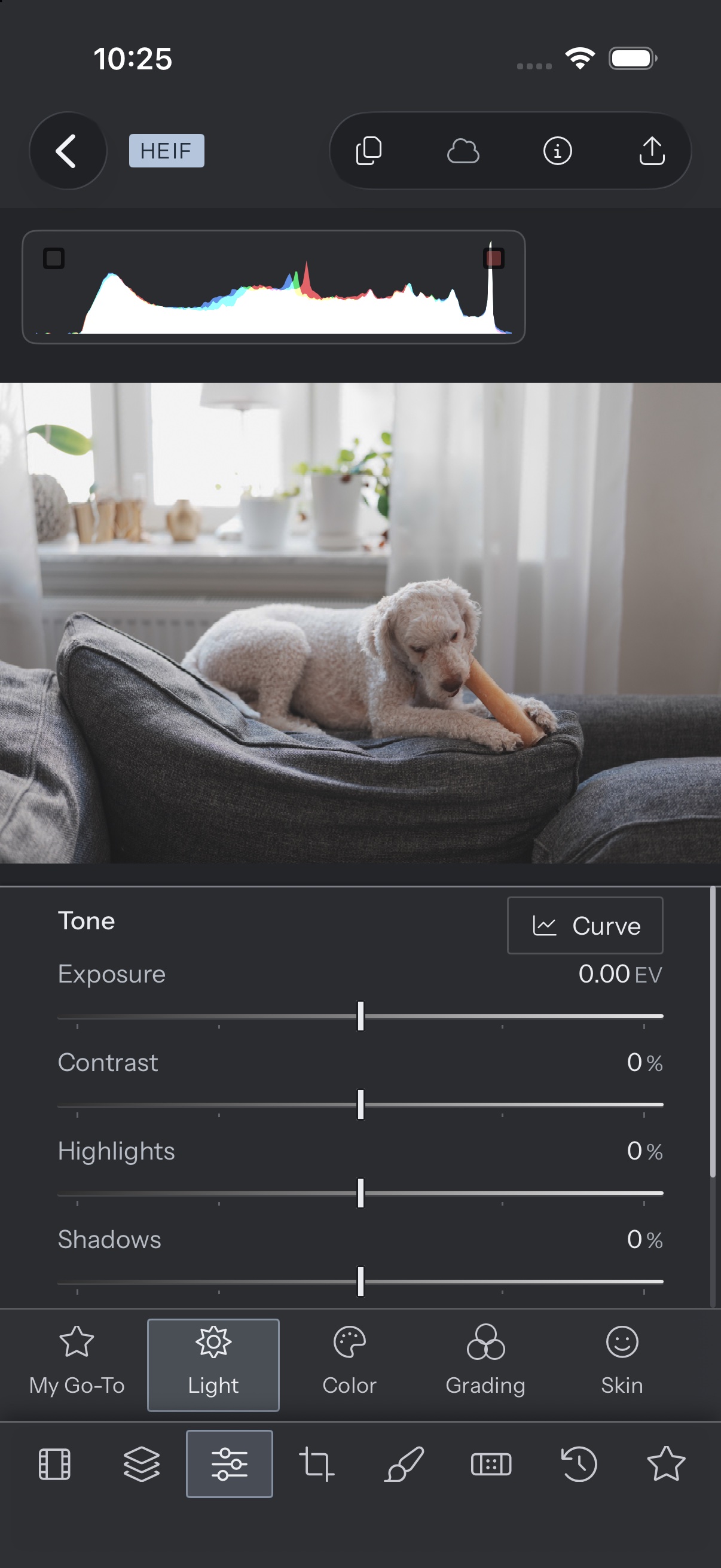 OhMyRAW on an iPhone: a photograph with the Light sliders along the bottom