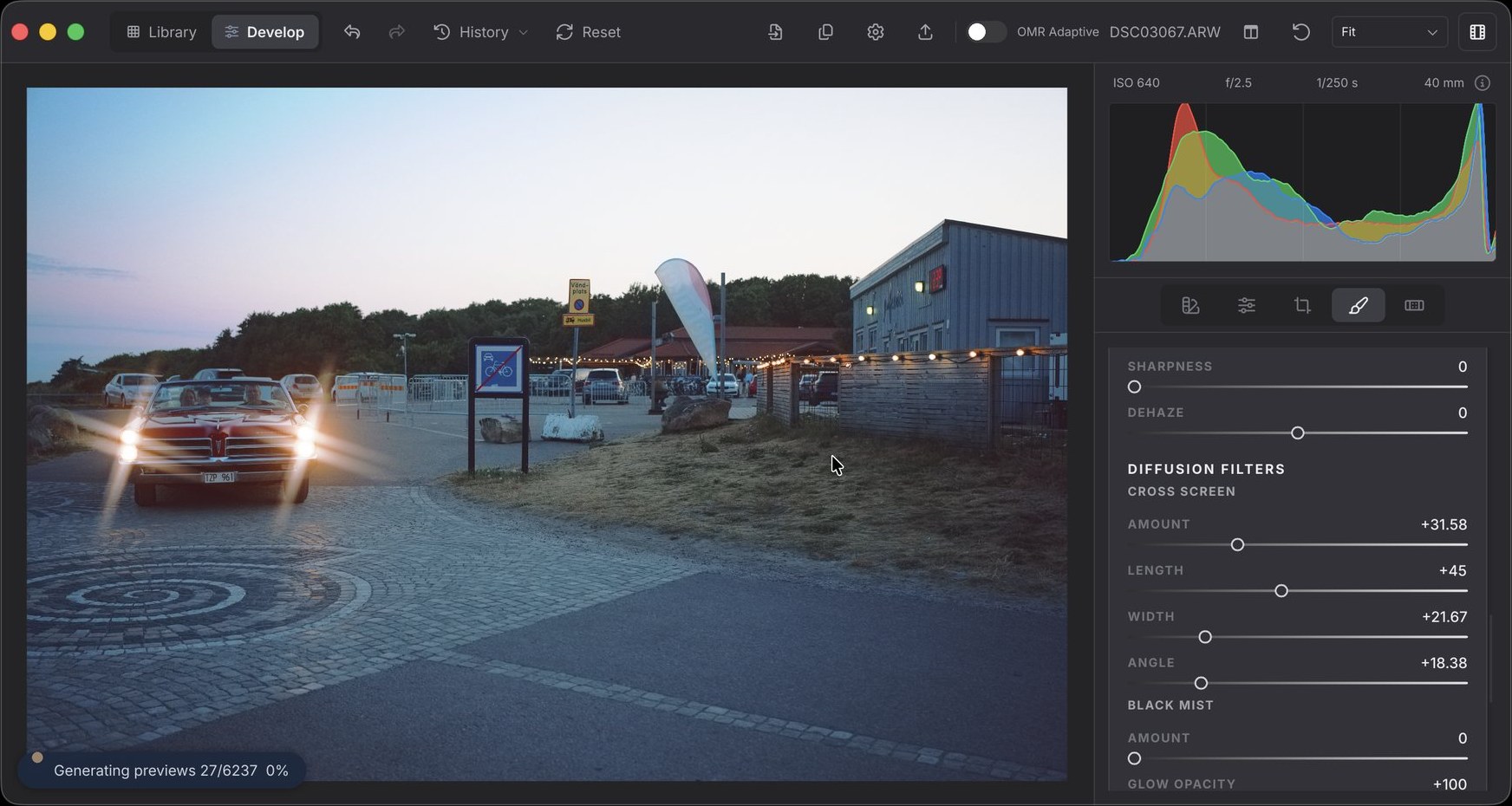 OhMyRAW developing a convertible at dusk: four-point stars on the headlights and smaller ones on the string lights behind, with a mask's Cross Screen controls open