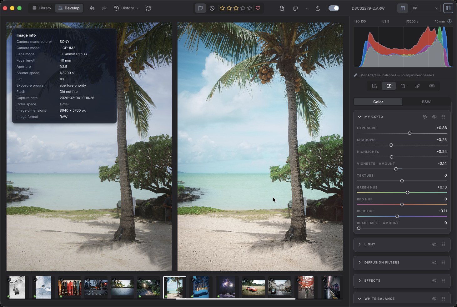 OhMyRAW developing a photograph on the Mac — the original and the developed frame side by side, with the adjustment panel open