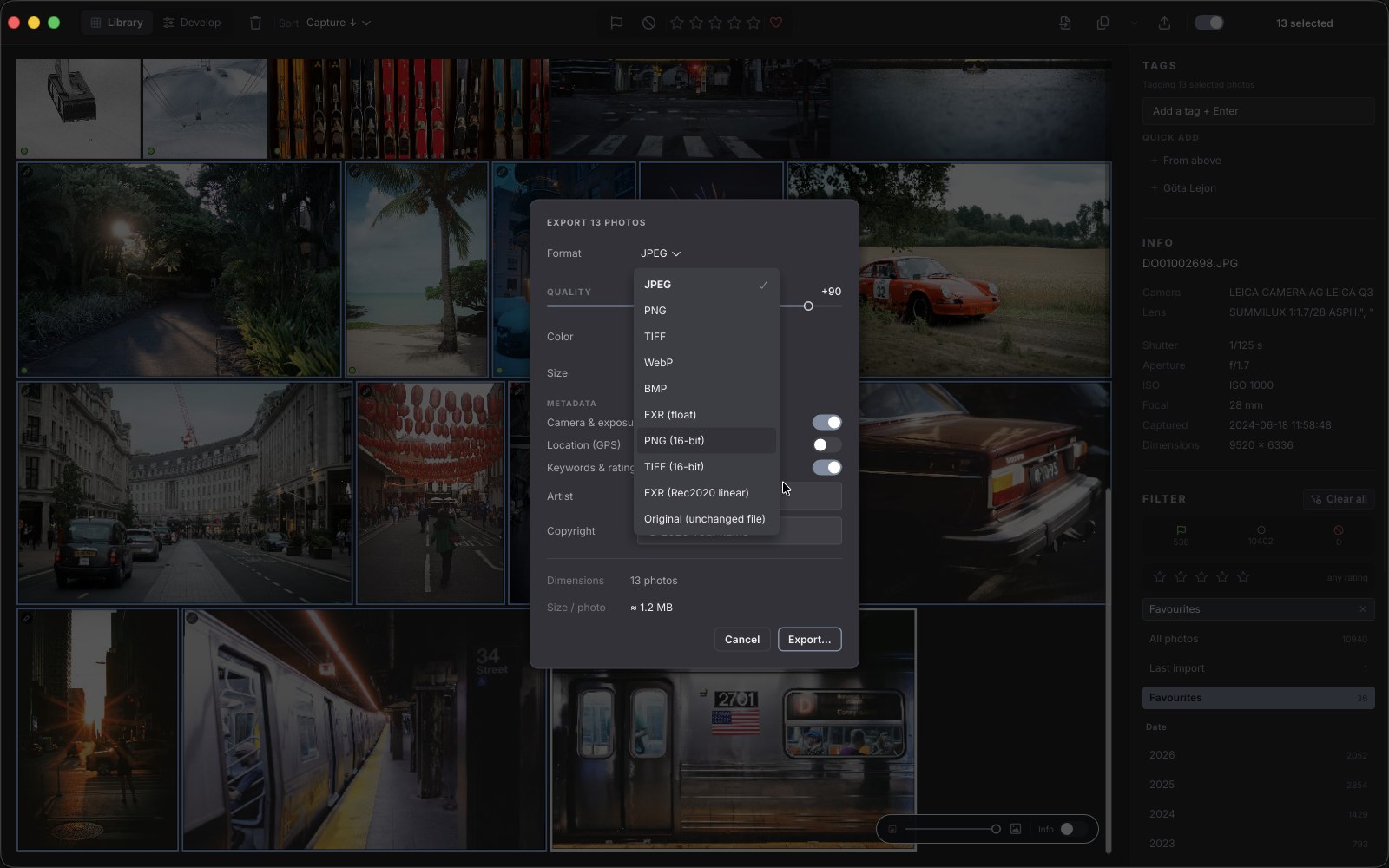 The OhMyRAW export dialog over the library, a set of photographs selected, the format menu open